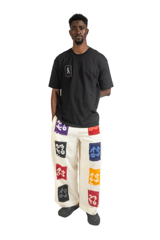 Linen Adire Patchwork Trousers in White