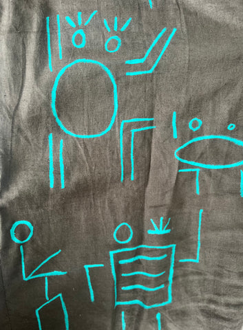 Trousers- grey linen with turquoise stickman detail