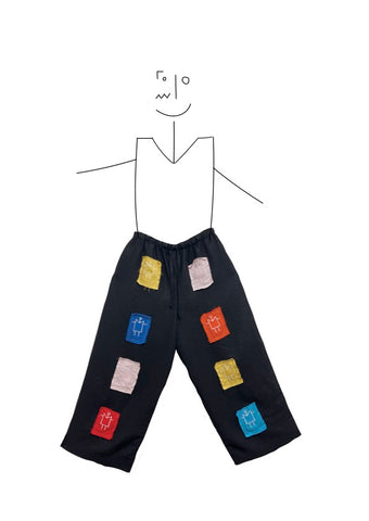 Trousers- Wide leg black linen with multicolour patchwork monogram detail