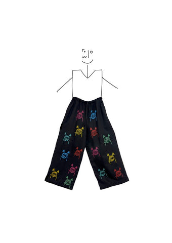 ABUO Playground- Wide leg black linen with multicolour print
