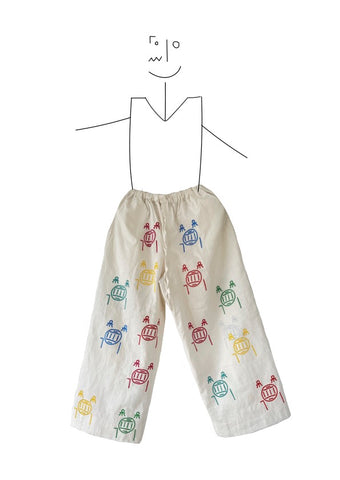 ABUO Playground- Wide leg white linen with multicolour print